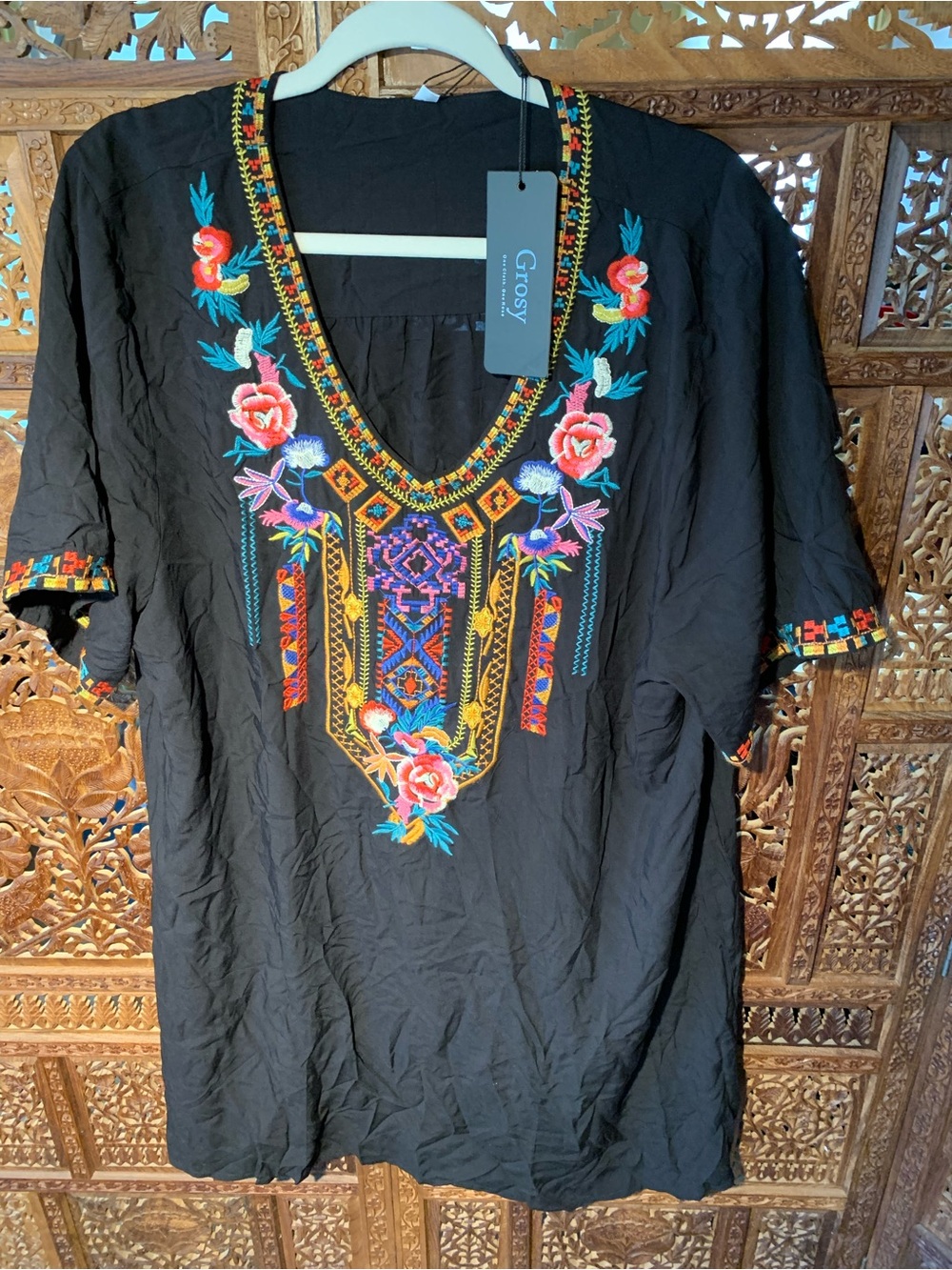 Black Embroidered V-Neck Dress with Multicolor Floral Detail